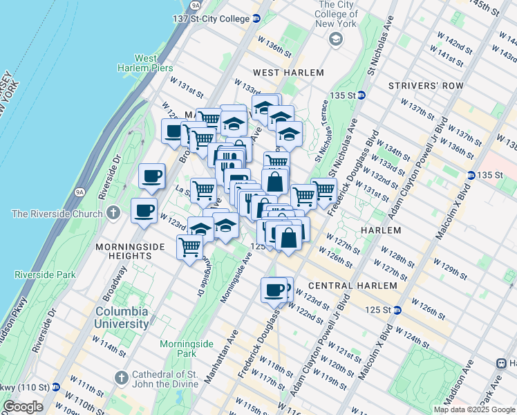 map of restaurants, bars, coffee shops, grocery stores, and more near 412 West 126th Street in New York