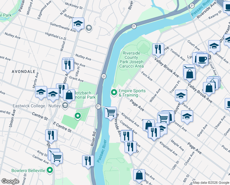 map of restaurants, bars, coffee shops, grocery stores, and more near 525 Riverside Avenue in Lyndhurst