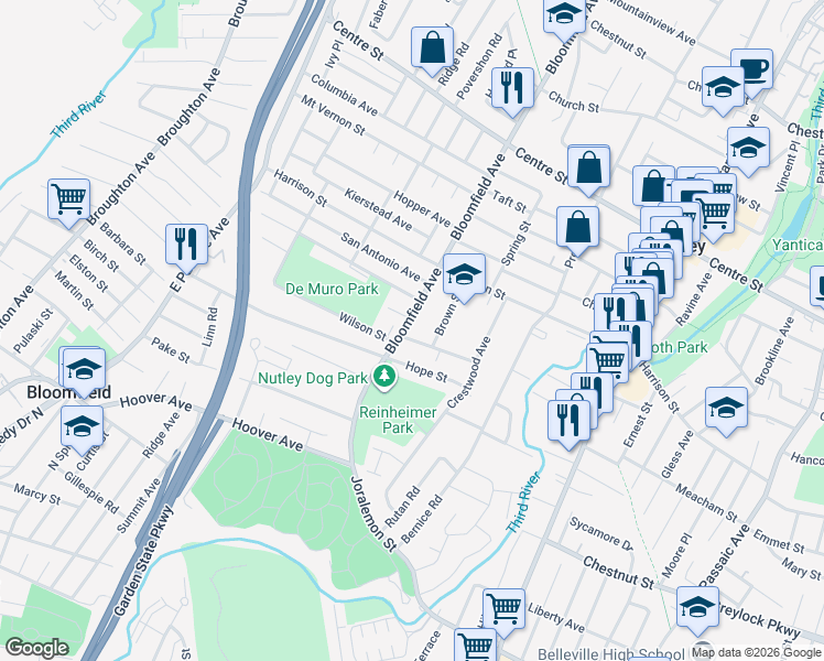 map of restaurants, bars, coffee shops, grocery stores, and more near 84 Bloomfield Avenue in Nutley