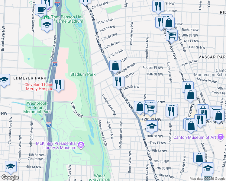 map of restaurants, bars, coffee shops, grocery stores, and more near 1433 14th Street Northwest in Canton