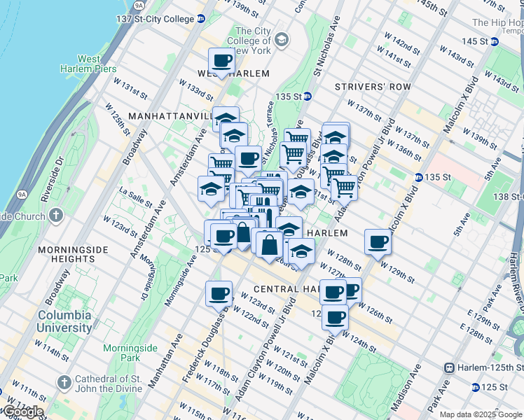 map of restaurants, bars, coffee shops, grocery stores, and more near 2377 Frederick Douglass Boulevard in New York
