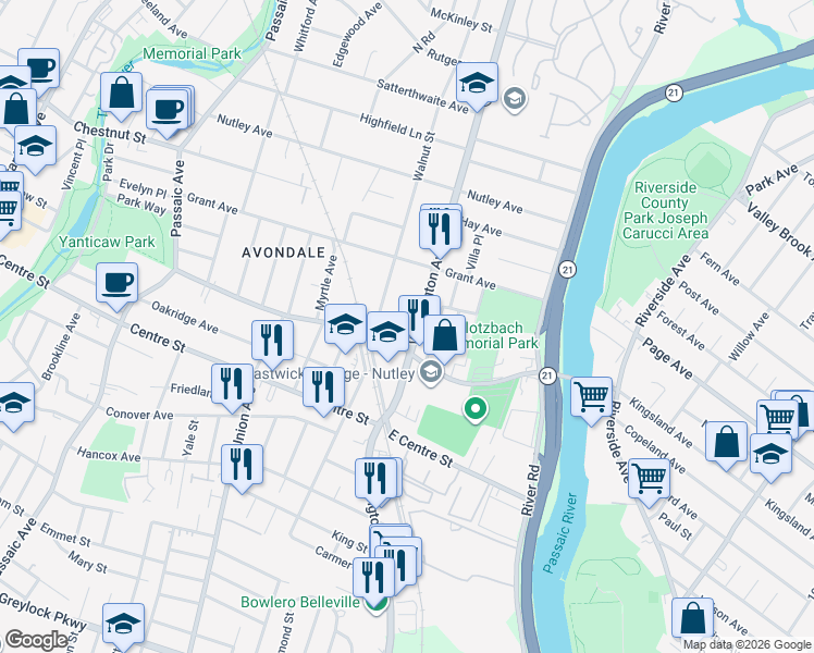 map of restaurants, bars, coffee shops, grocery stores, and more near 187 Washington Avenue in Nutley