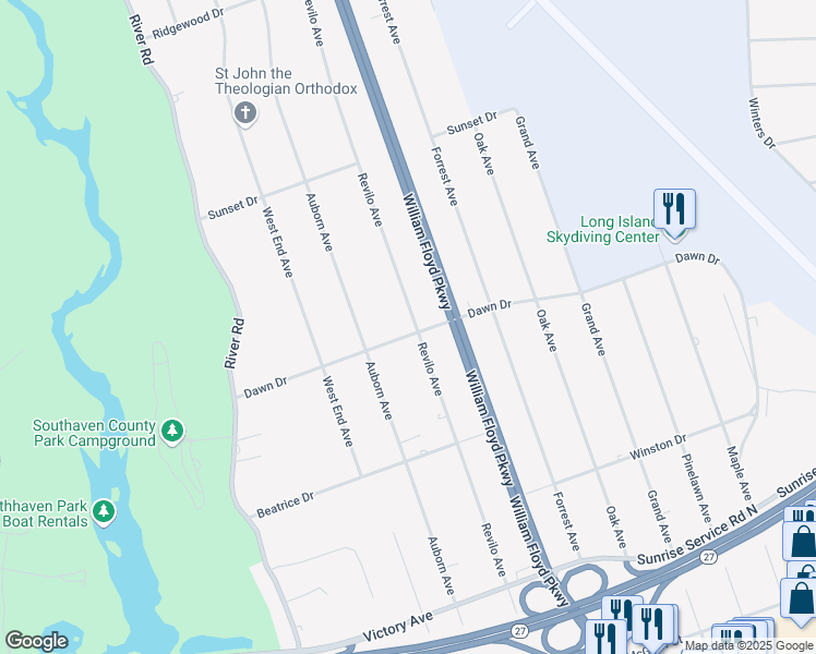 map of restaurants, bars, coffee shops, grocery stores, and more near 141 Revilo Avenue in Shirley