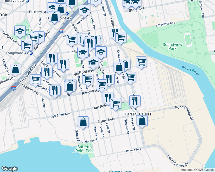 map of restaurants, bars, coffee shops, grocery stores, and more near 1312A Randall Avenue in The Bronx