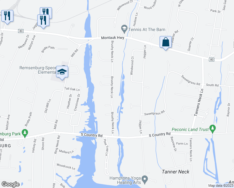map of restaurants, bars, coffee shops, grocery stores, and more near 20 Brushy Neck Lane in Westhampton
