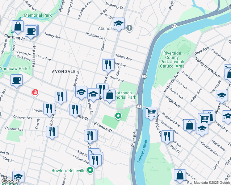 map of restaurants, bars, coffee shops, grocery stores, and more near 26 Humbert Street in Nutley