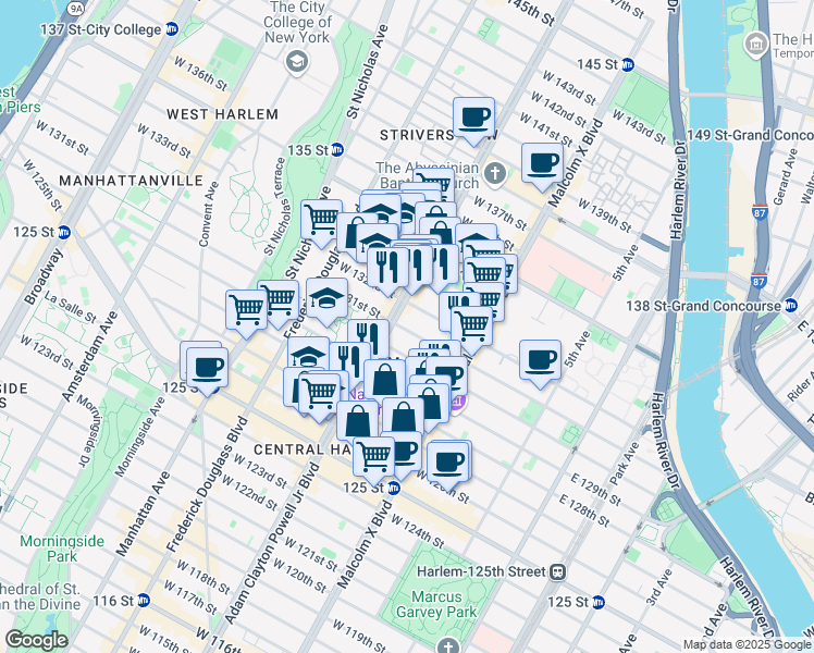 map of restaurants, bars, coffee shops, grocery stores, and more near 2201 Adam Clayton Powell Junior Boulevard in New York