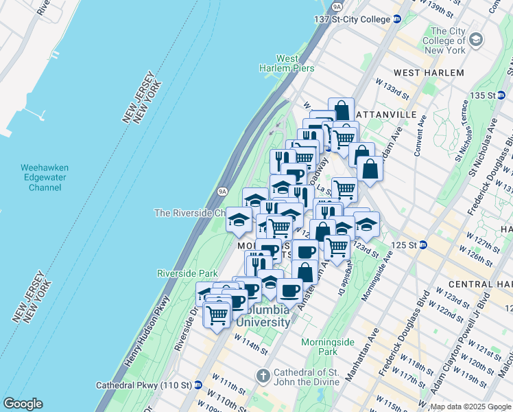 map of restaurants, bars, coffee shops, grocery stores, and more near Riverside Dr & W 122nd St in New York