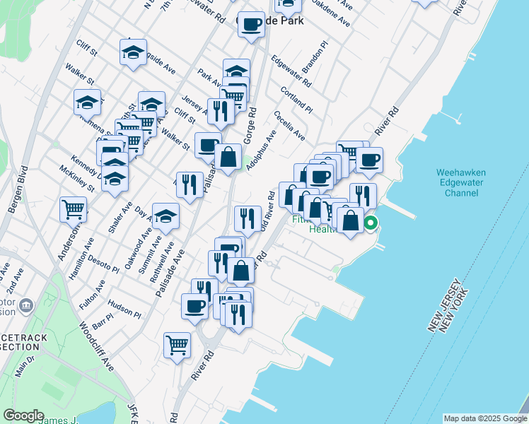 map of restaurants, bars, coffee shops, grocery stores, and more near 420 River Road in Edgewater