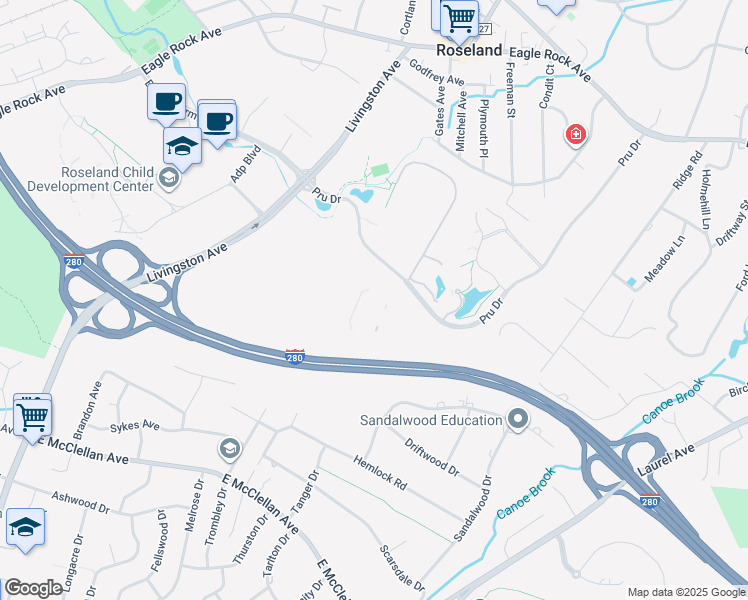 map of restaurants, bars, coffee shops, grocery stores, and more near 80 Livingston Avenue in Roseland