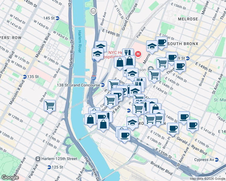map of restaurants, bars, coffee shops, grocery stores, and more near 220 East 138th Street in Bronx