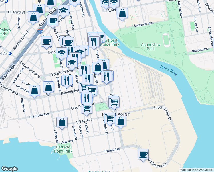 map of restaurants, bars, coffee shops, grocery stores, and more near 509 Halleck Street in Bronx