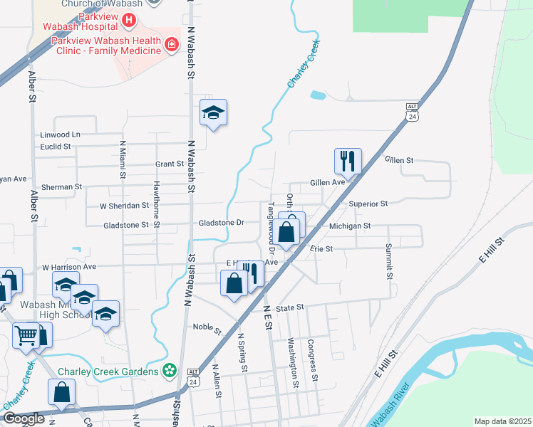 map of restaurants, bars, coffee shops, grocery stores, and more near 411 Michigan Street in Wabash