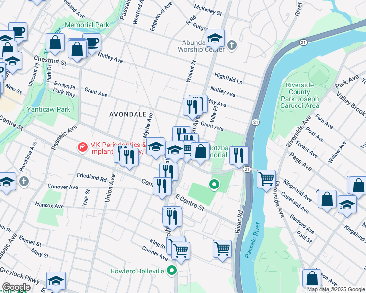 map of restaurants, bars, coffee shops, grocery stores, and more near 154 Washington Avenue in Nutley