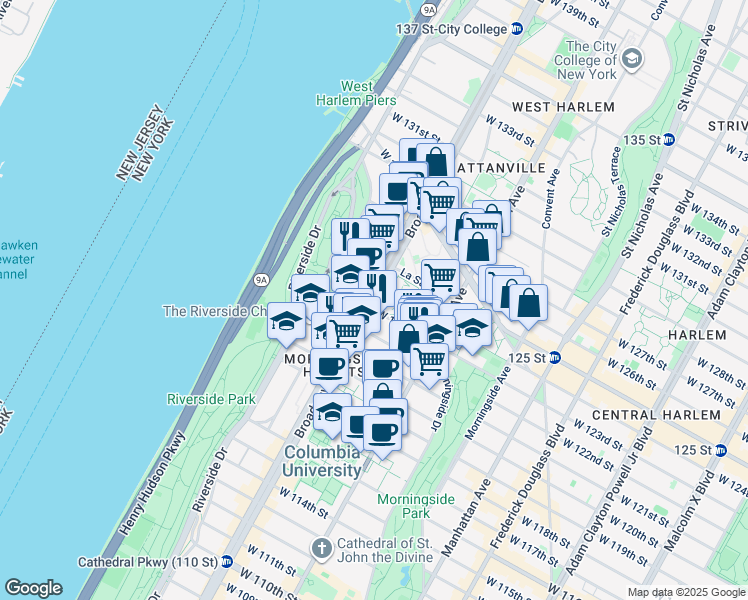 map of restaurants, bars, coffee shops, grocery stores, and more near Broadway in New York