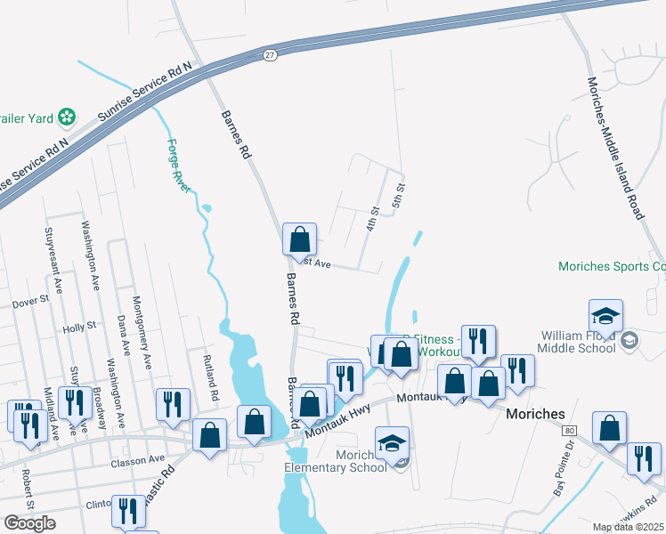 map of restaurants, bars, coffee shops, grocery stores, and more near 98 1st Avenue in Moriches