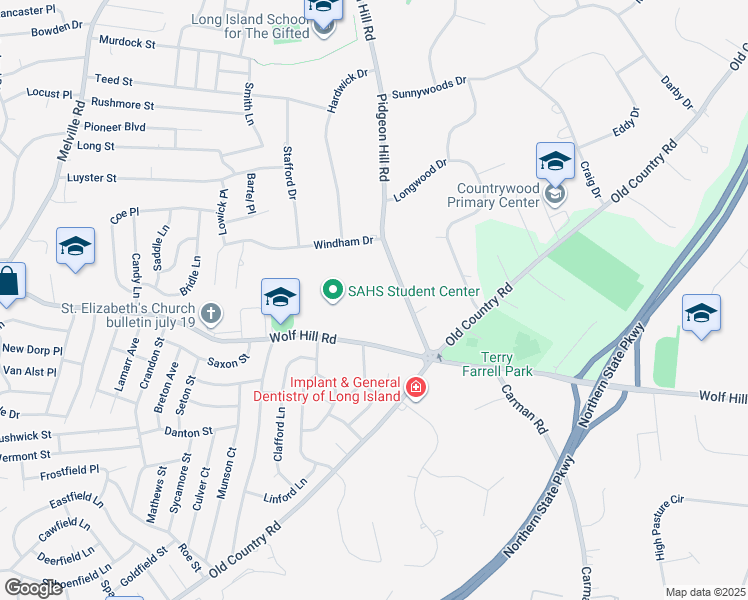 map of restaurants, bars, coffee shops, grocery stores, and more near 275 Wolf Hill Rd in South Huntington