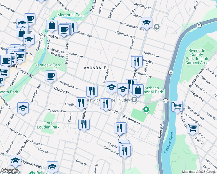 map of restaurants, bars, coffee shops, grocery stores, and more near 15 Lafayette Place in Nutley