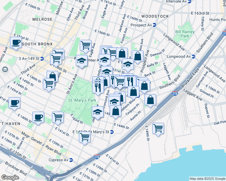 map of restaurants, bars, coffee shops, grocery stores, and more near 764B East 149th Street in The Bronx