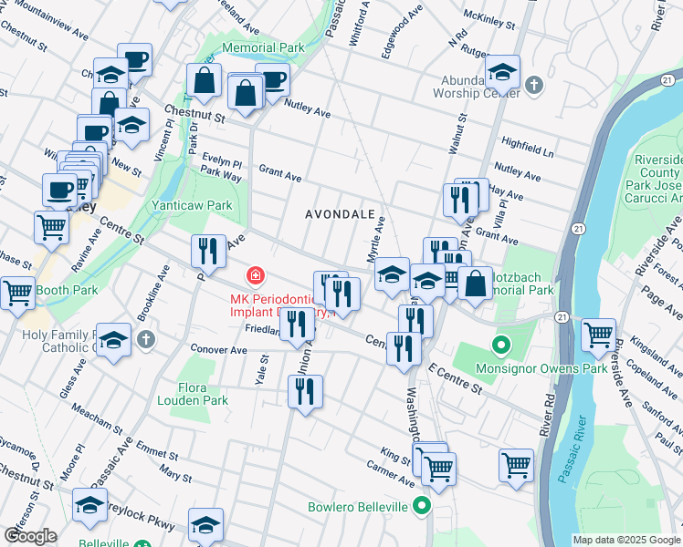 map of restaurants, bars, coffee shops, grocery stores, and more near 60 Monsignor Owens Place in Nutley
