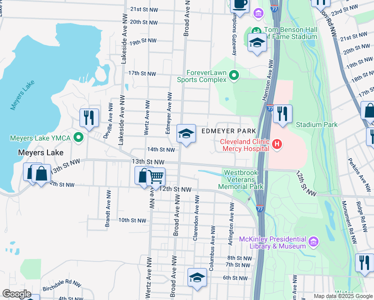 map of restaurants, bars, coffee shops, grocery stores, and more near 1400 Broad Avenue Northwest in Canton