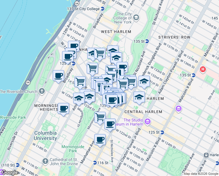 map of restaurants, bars, coffee shops, grocery stores, and more near Morningside Avenue & West 127th Street in New York