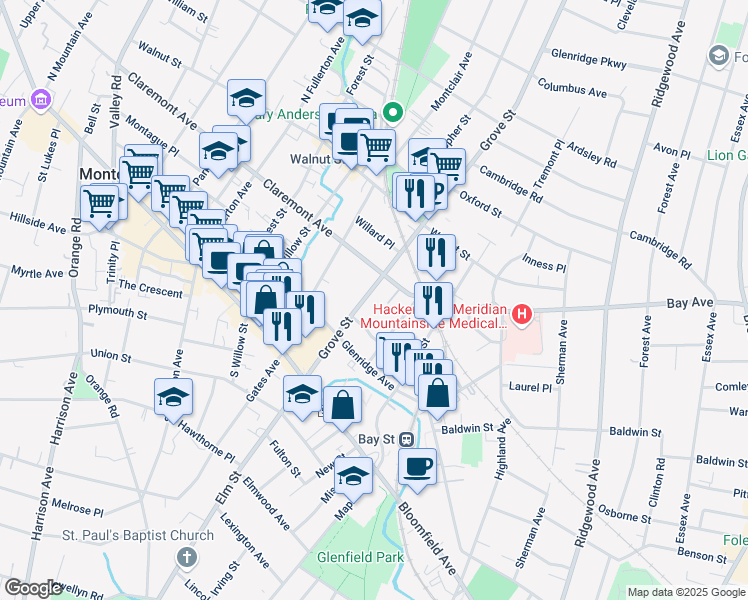 map of restaurants, bars, coffee shops, grocery stores, and more near 77 Grove Street in Montclair