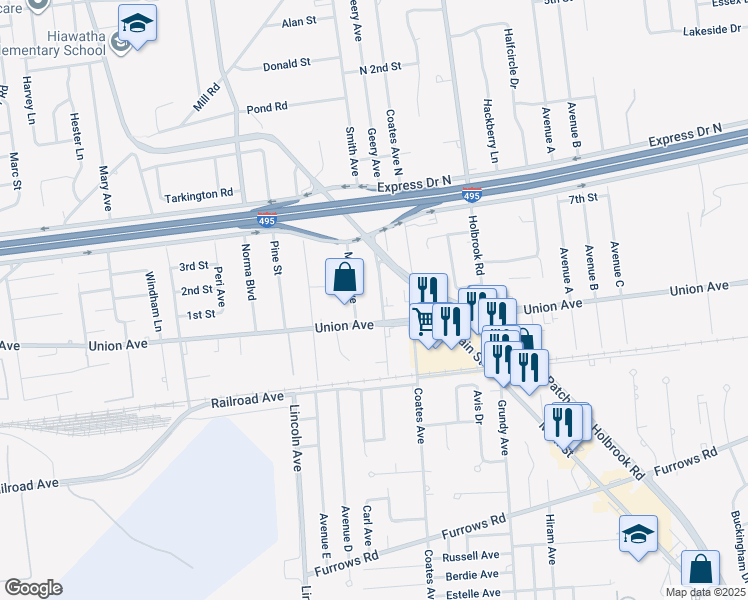 map of restaurants, bars, coffee shops, grocery stores, and more near 280 Union Avenue in Holbrook