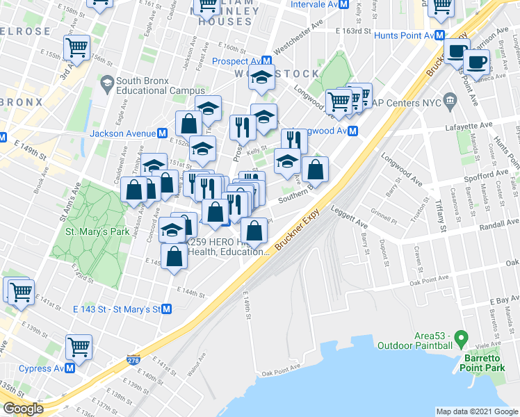 map of restaurants, bars, coffee shops, grocery stores, and more near 581 Timpson Place in Bronx