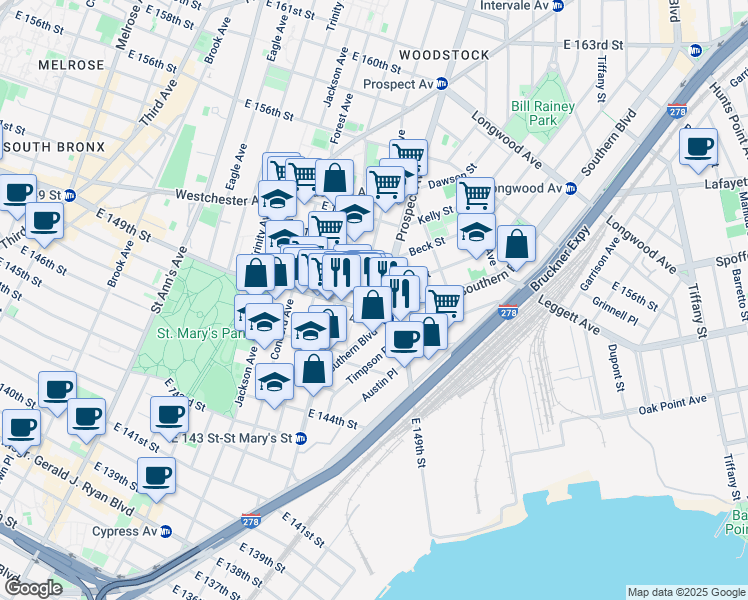 map of restaurants, bars, coffee shops, grocery stores, and more near 828 East 149th Street in Bronx