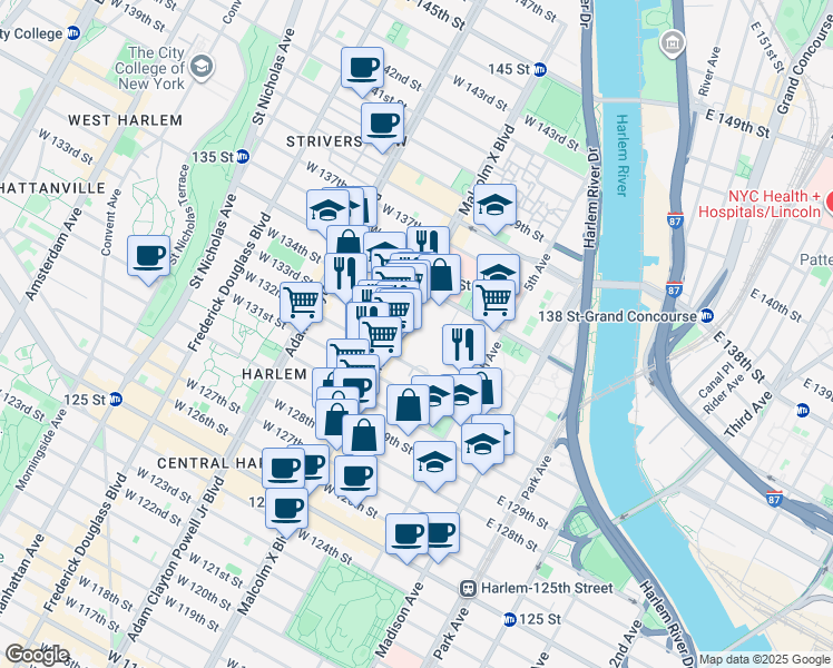 map of restaurants, bars, coffee shops, grocery stores, and more near 45 West 132nd Street in New York
