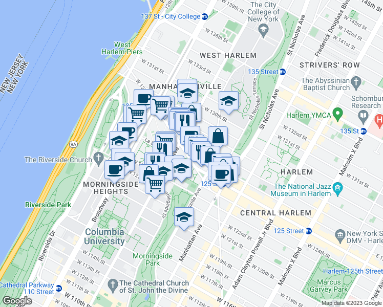map of restaurants, bars, coffee shops, grocery stores, and more near 1205 West 123rd Street in New York