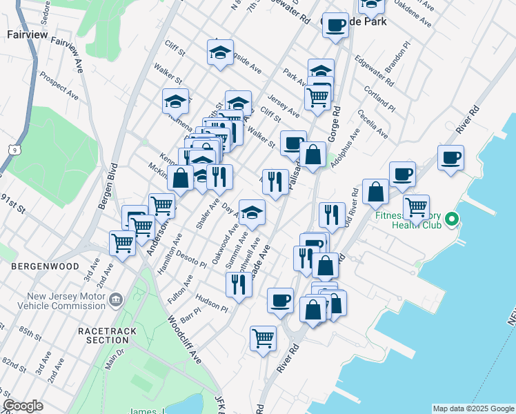 map of restaurants, bars, coffee shops, grocery stores, and more near 214 Riverview Place in Cliffside Park