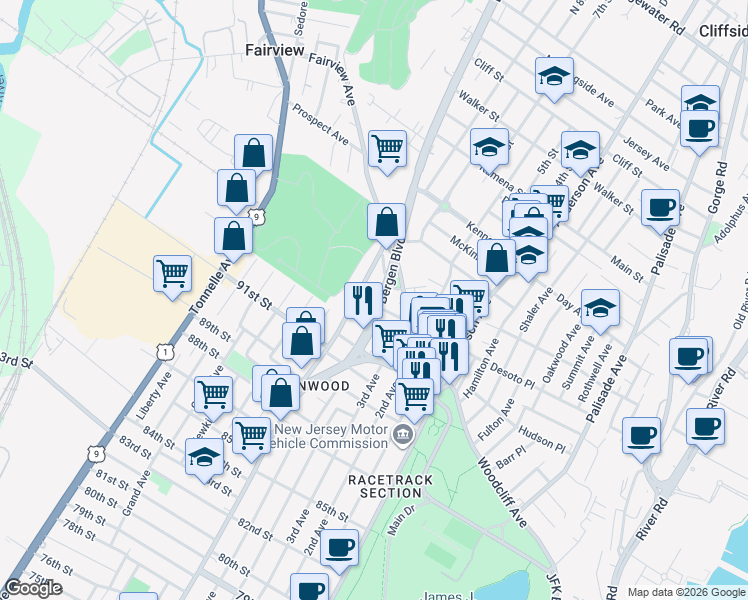 map of restaurants, bars, coffee shops, grocery stores, and more near in Fairview