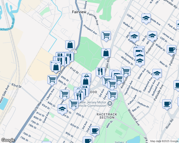 map of restaurants, bars, coffee shops, grocery stores, and more near 1212 91st Street in North Bergen