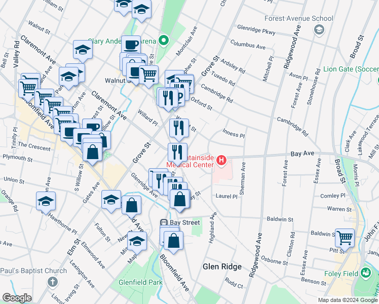 map of restaurants, bars, coffee shops, grocery stores, and more near 30 Claremont Avenue in Montclair