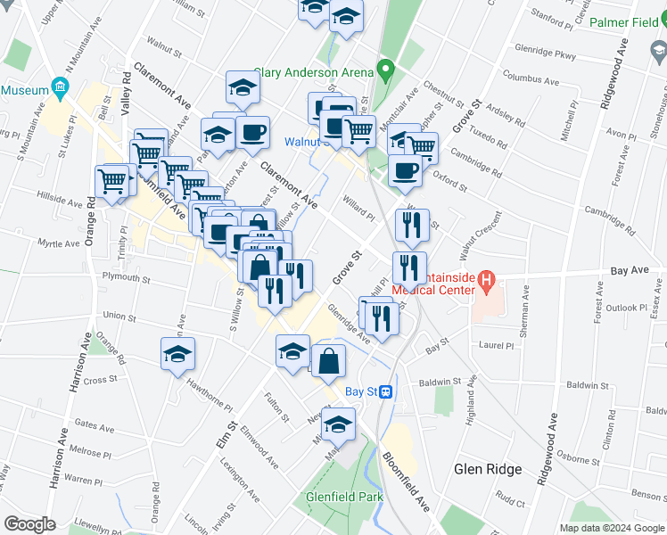 map of restaurants, bars, coffee shops, grocery stores, and more near 16 Grove Terrace in Montclair