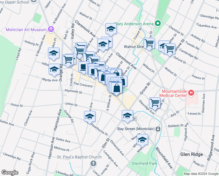 map of restaurants, bars, coffee shops, grocery stores, and more near 3 South Willow Street in Montclair