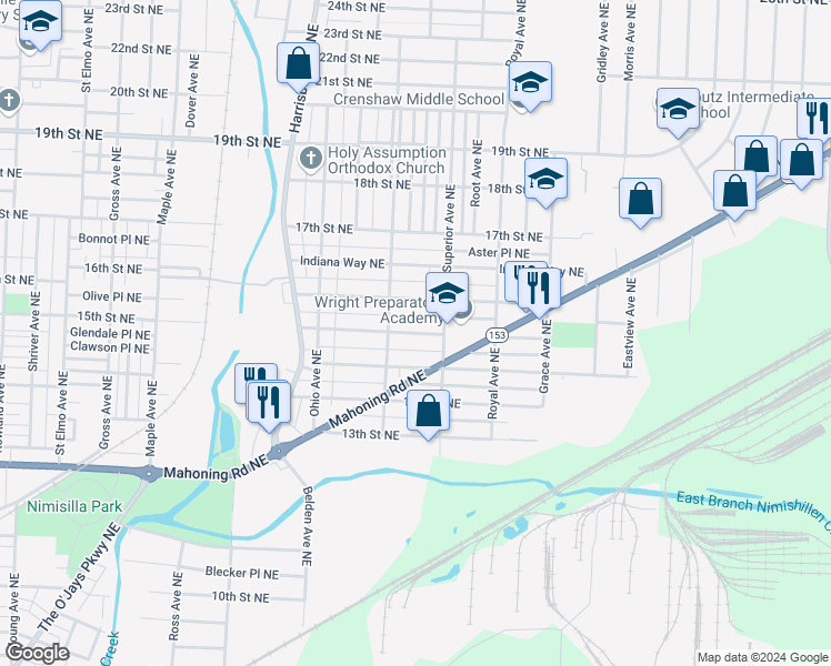 map of restaurants, bars, coffee shops, grocery stores, and more near 2307 Winfield Way Northeast in Canton