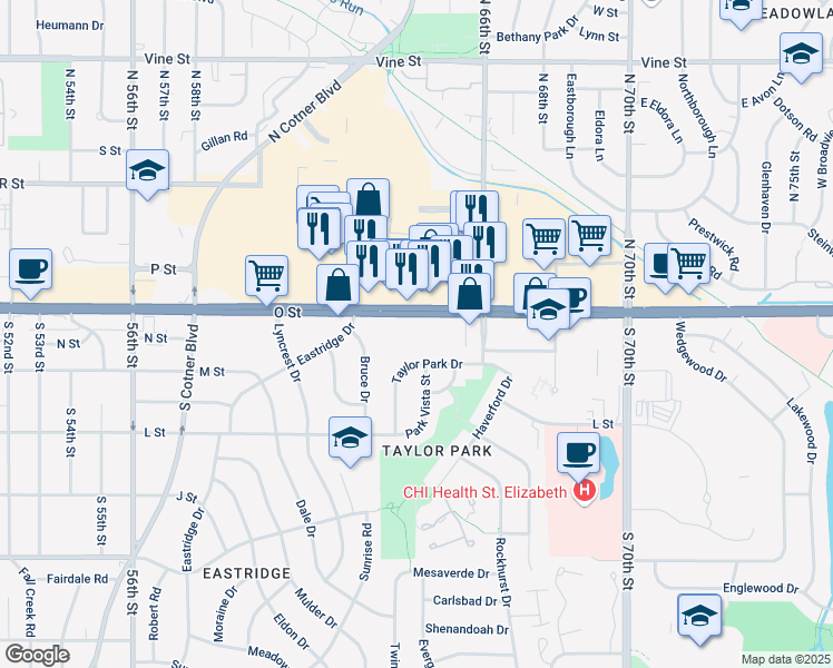 map of restaurants, bars, coffee shops, grocery stores, and more near 201 Taylor Park Drive in Lincoln
