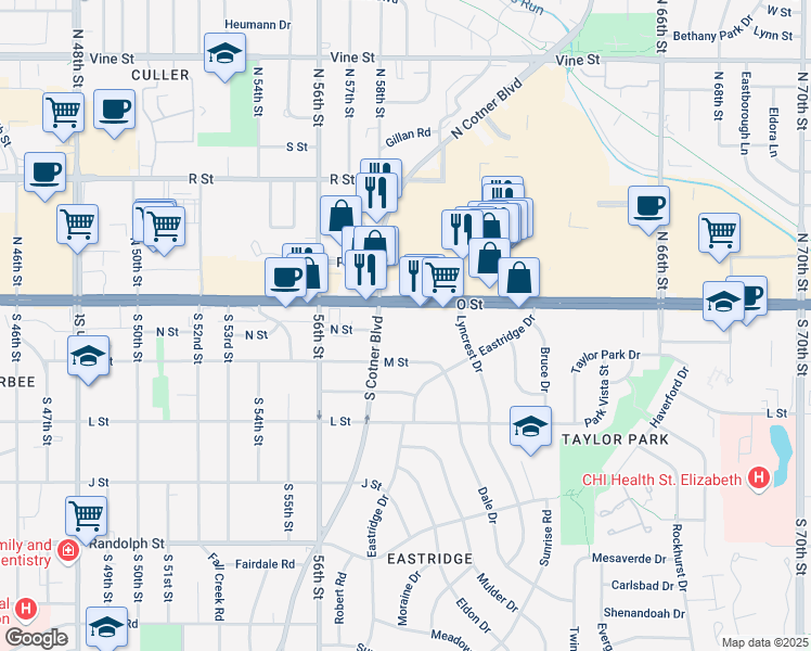 map of restaurants, bars, coffee shops, grocery stores, and more near 5750 M Street in Lincoln