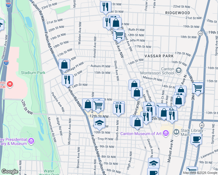 map of restaurants, bars, coffee shops, grocery stores, and more near 1316 Louisiana Avenue Northwest in Canton