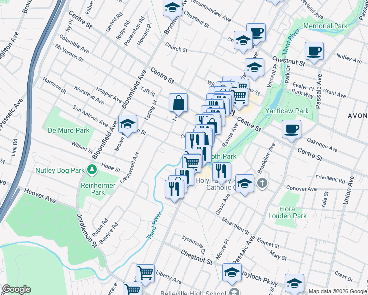 map of restaurants, bars, coffee shops, grocery stores, and more near 83 Franklin Avenue in Nutley