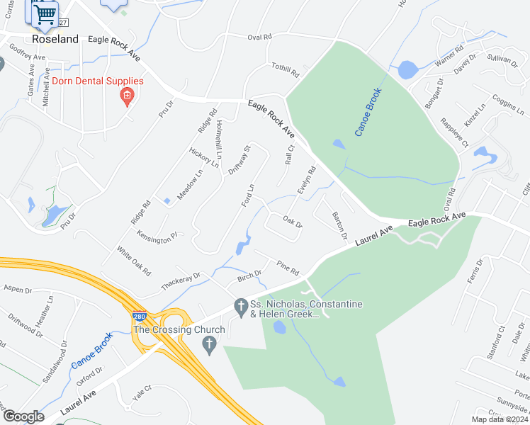 map of restaurants, bars, coffee shops, grocery stores, and more near 50 Oak Drive in Roseland