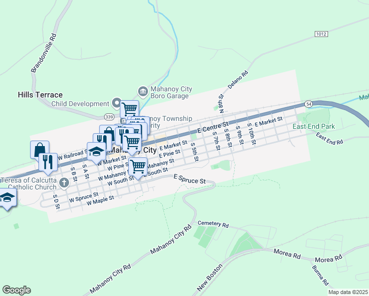 map of restaurants, bars, coffee shops, grocery stores, and more near 423 East Pine Street in Mahanoy City
