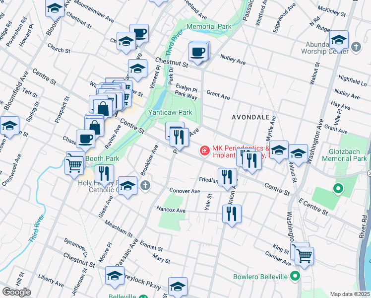 map of restaurants, bars, coffee shops, grocery stores, and more near 26 Ideal Court in Nutley