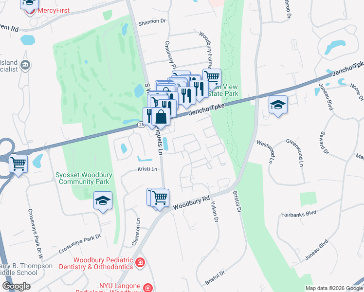 map of restaurants, bars, coffee shops, grocery stores, and more near 9 Club House Court in Woodbury