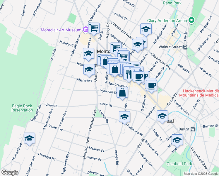 map of restaurants, bars, coffee shops, grocery stores, and more near 14 Wilde Place in Montclair