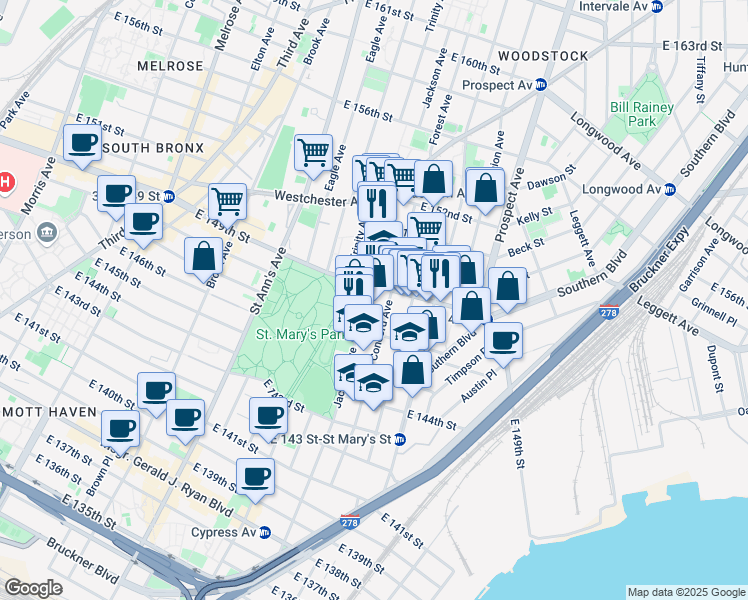 map of restaurants, bars, coffee shops, grocery stores, and more near 534 Jackson Avenue in The Bronx