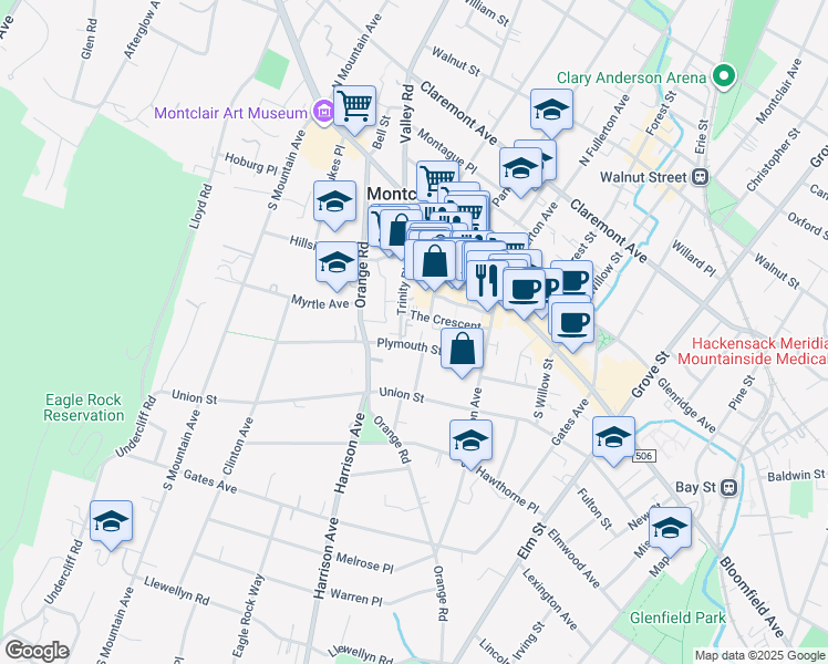 map of restaurants, bars, coffee shops, grocery stores, and more near 33 Plymouth Street in Montclair